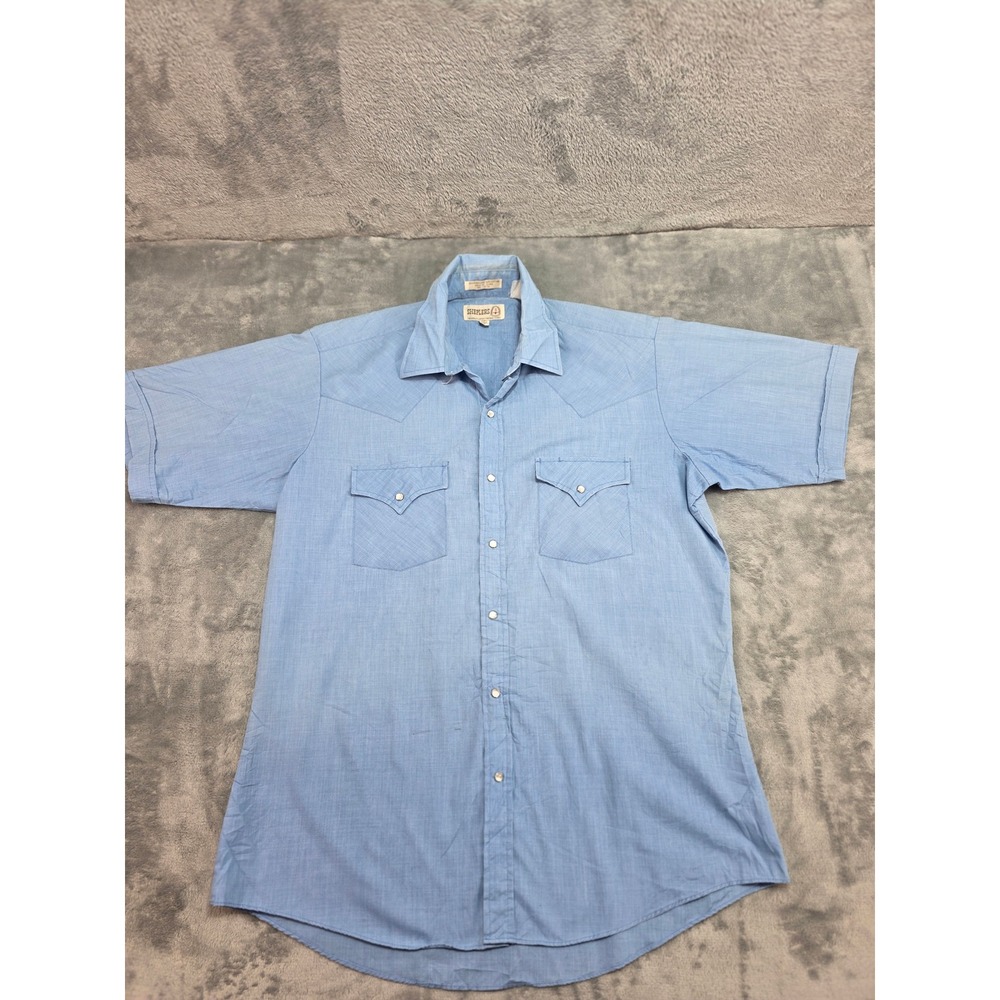 Sheplers Mens Vintage Blue Short Sleeve Western Pearl Snap Shirt Size 16 S